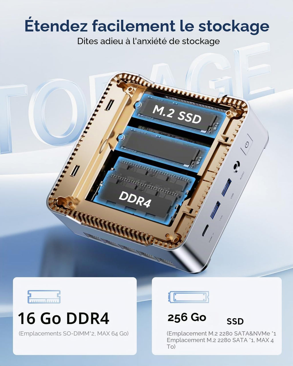 Mini PC P2 avec processeur AMD Ryzen R2544 16 Go DDR4 256 Go SSD M.2 triple écran 4K HDMI DisplayPort Windows 11 Pro