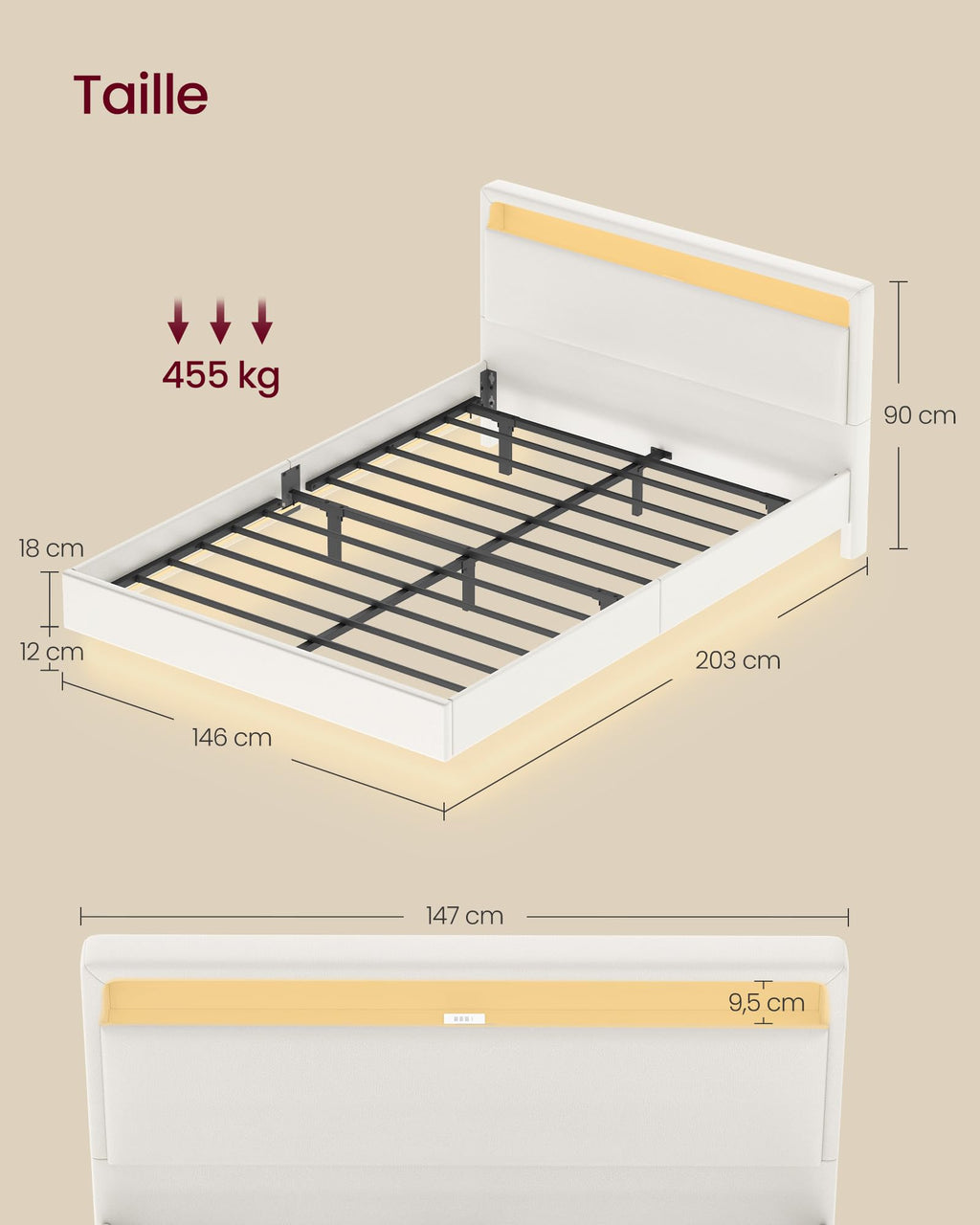 Lit double flottant 140 x 190 cm cadre avec éclairage LED tête de lit rembourrée ports USB et étagère