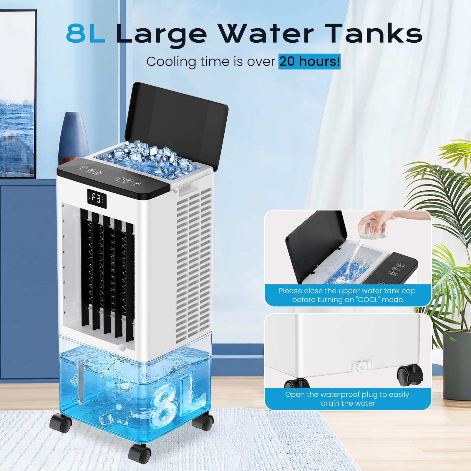 Climatiseur mobile portable BW-108Y 8 L avec refroidissement par évaporation ventilation humidification 3 vitesses et minuterie 12 h