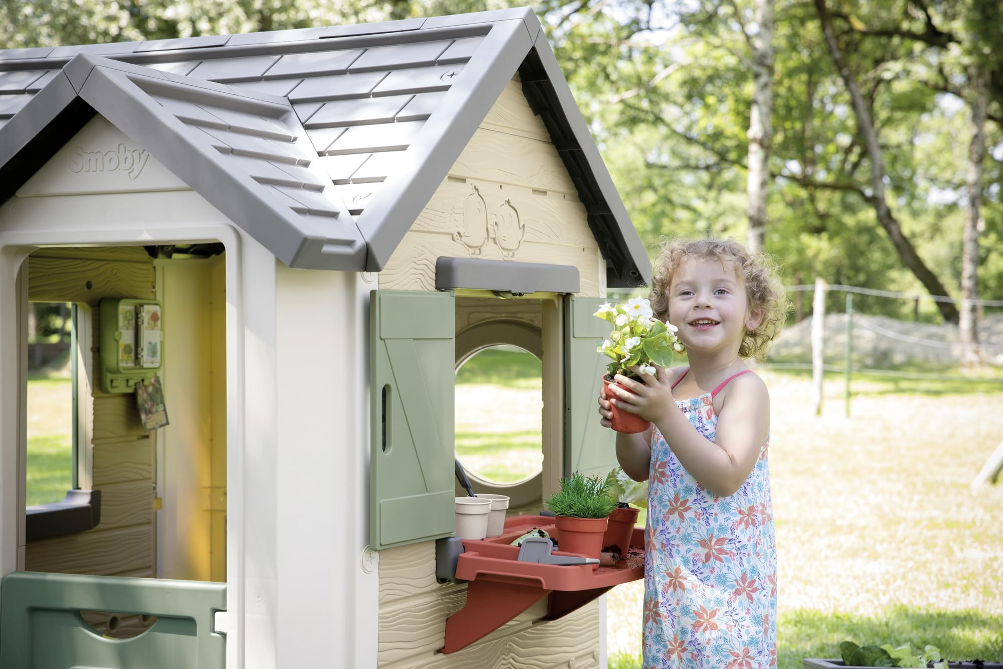 Maison de jardin enfant Garden House avec jardinière treillis mangeoire à oiseaux récupérateur d'eau plastique recyclé 132x128,5x135 cm