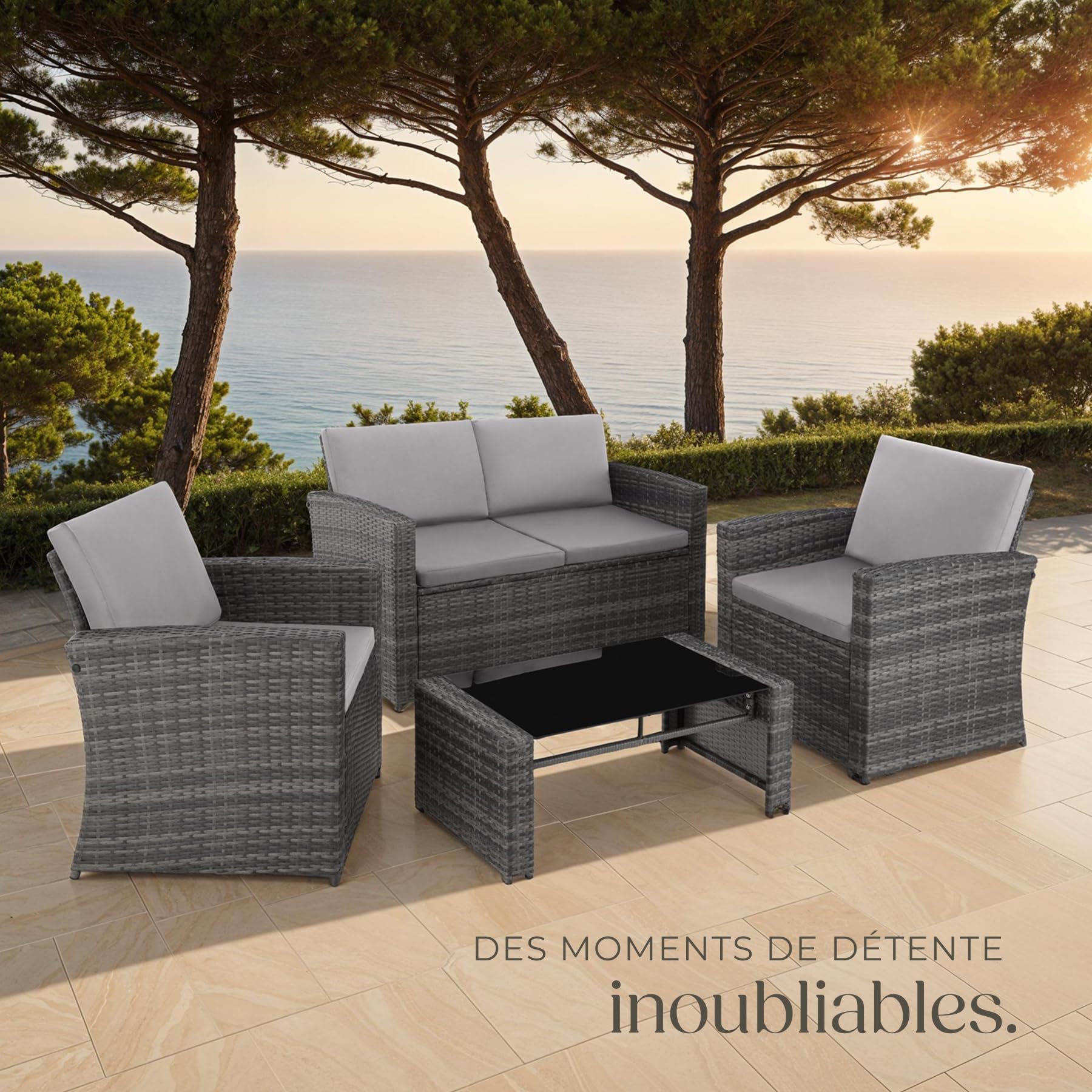 Salon de jardin en résine tressée 4 personnes canapé fauteuils table plateau verre avec coussins gris entretien facile 122 x 70 x 76 cm