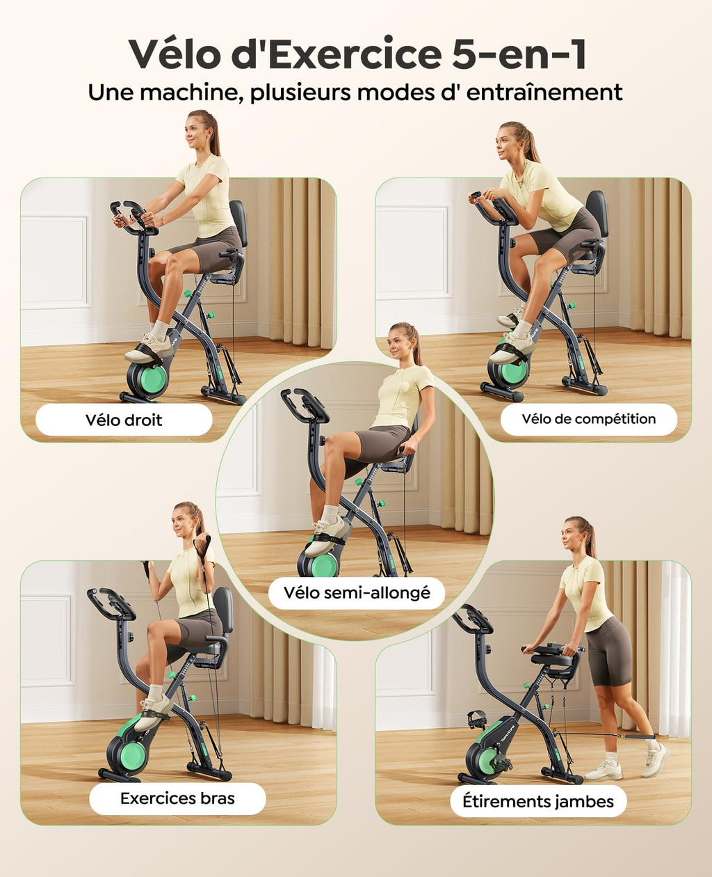 Vélo d'appartement pliable TEB4 5 en 1 avec résistance magnétique 16 niveaux écran LCD connexion APP capacité 140 kg