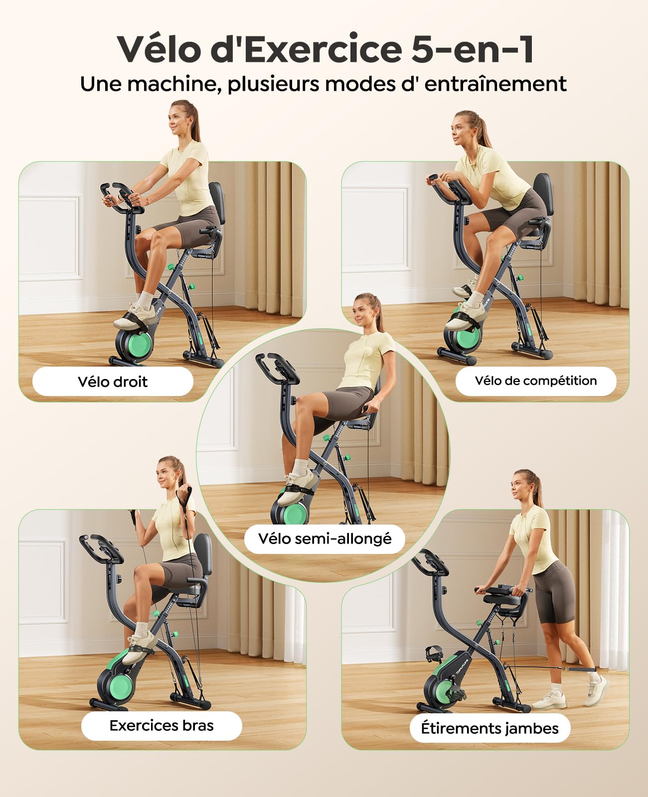 Vélo d'appartement pliable TEB4 5 en 1 avec résistance magnétique 16 niveaux écran LCD connexion APP capacité 140 kg