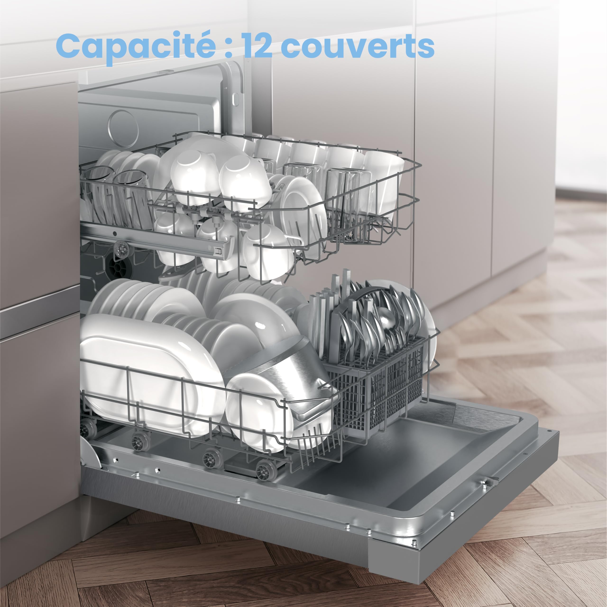 Lave-vaisselle pose libre CDWPF1201PS 60 cm 12 couverts départ différé demi-charge lavage hygiénique 72°C séchage intensif acier inoxydable 49 dB