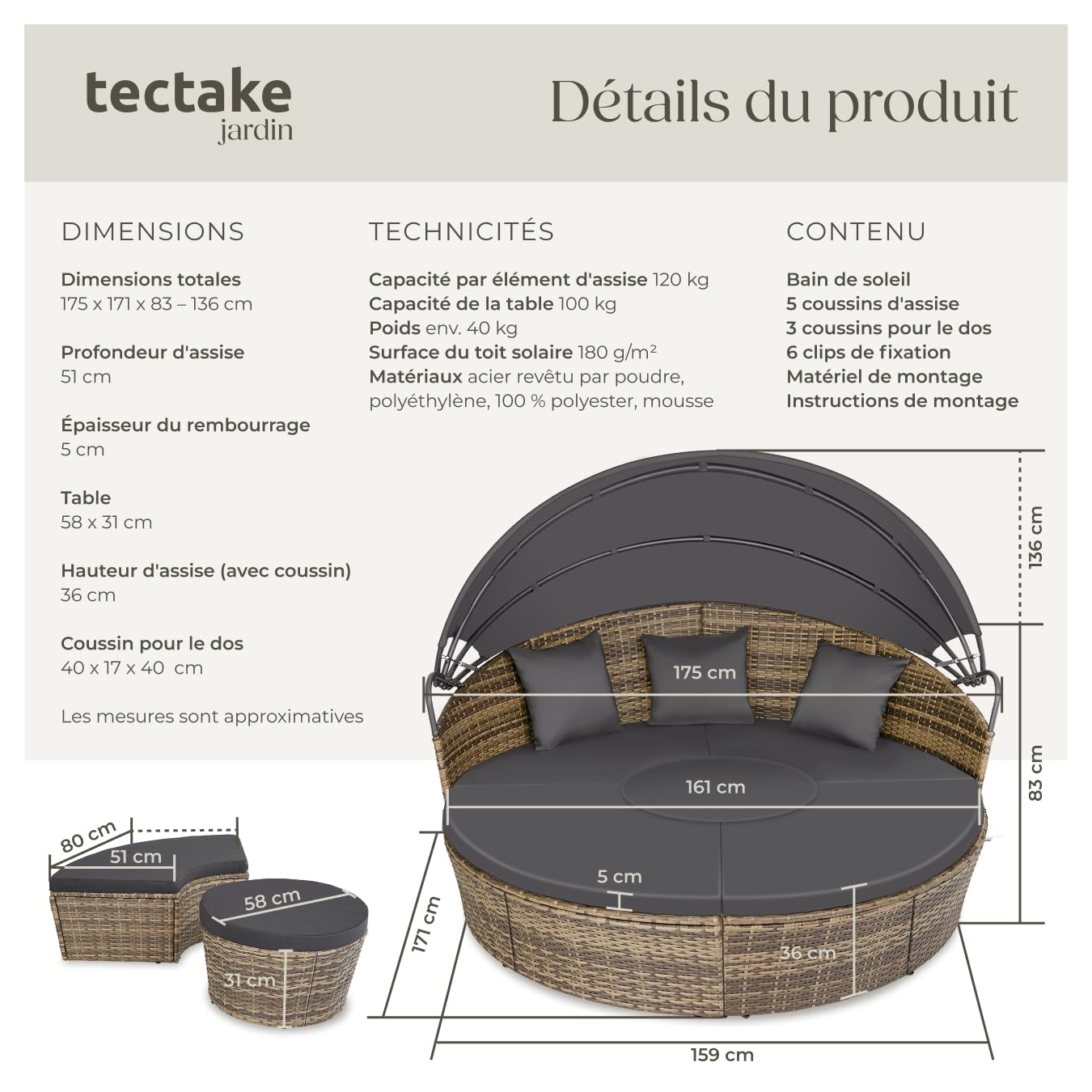Bain de soleil modulable Santorin II en résine tressée avec pare-soleil pliable coussins inclus structure acier marron naturel