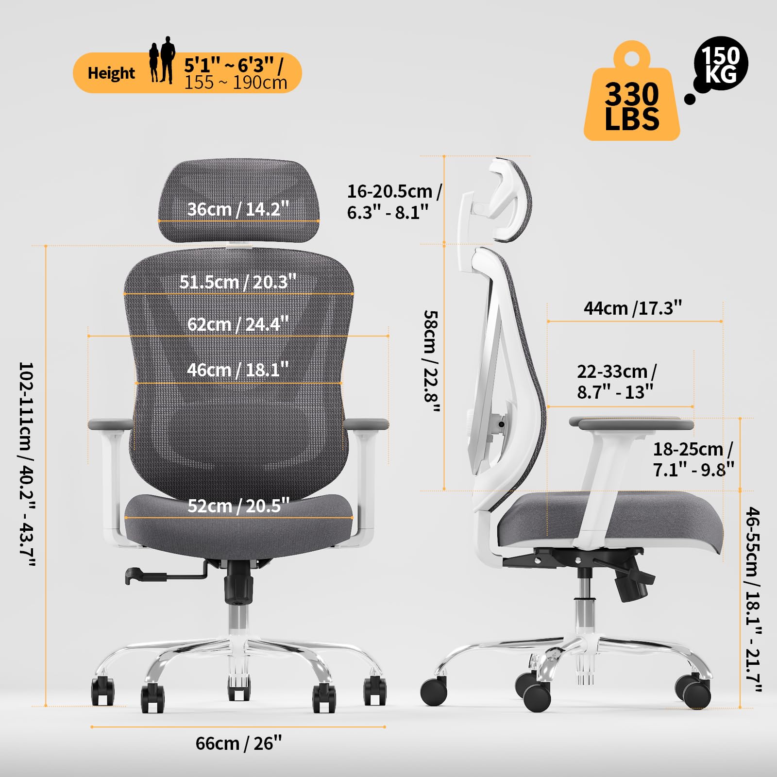 Chaise de bureau ergonomique Vchair-GR avec support lombaire réglable accoudoirs 3D appui-tête réglable dossier en maille pivotante blanc