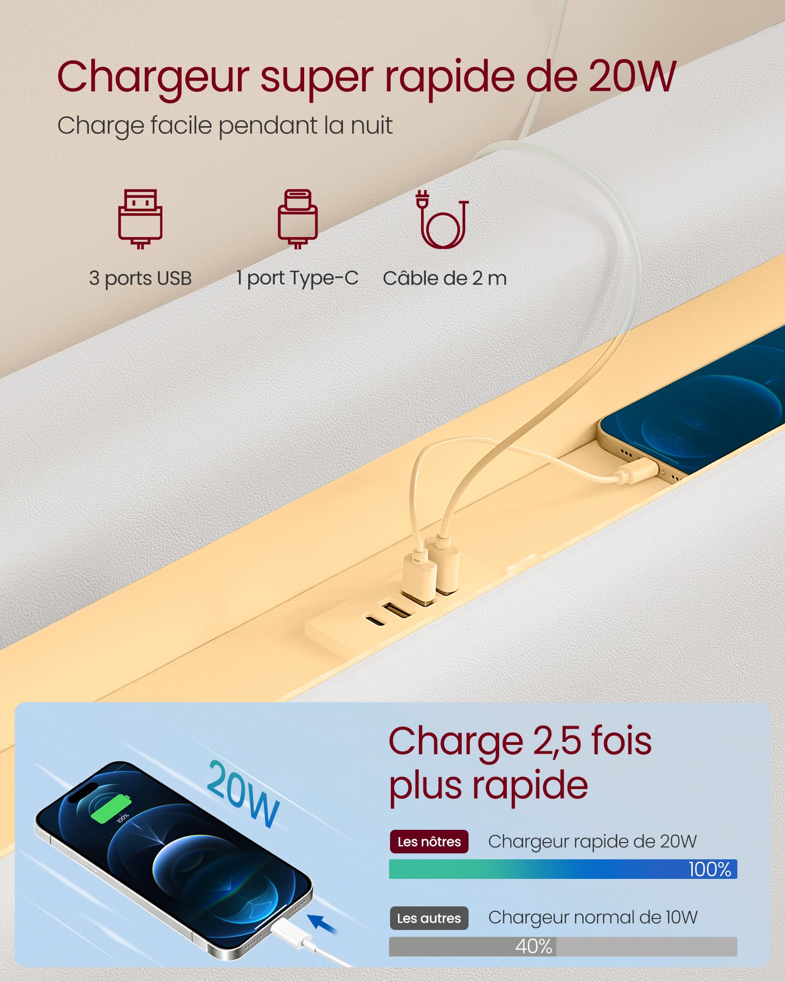 Lit double flottant 140 x 190 cm cadre avec éclairage LED tête de lit rembourrée ports USB et étagère