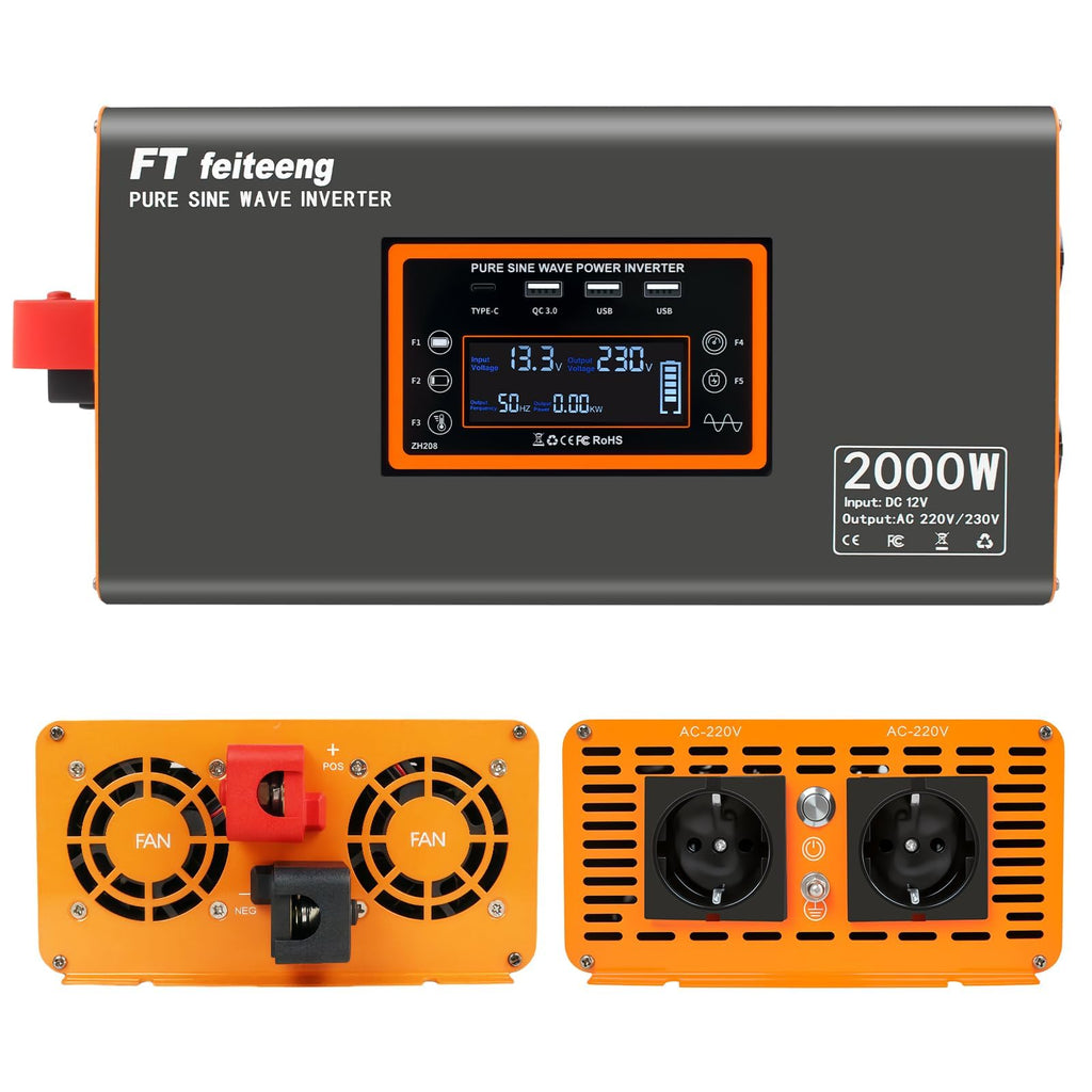 Convertisseur pur sinus 12V vers 220V PSW 2000W avec écran LCD télécommande ports USB et 2 prises CA