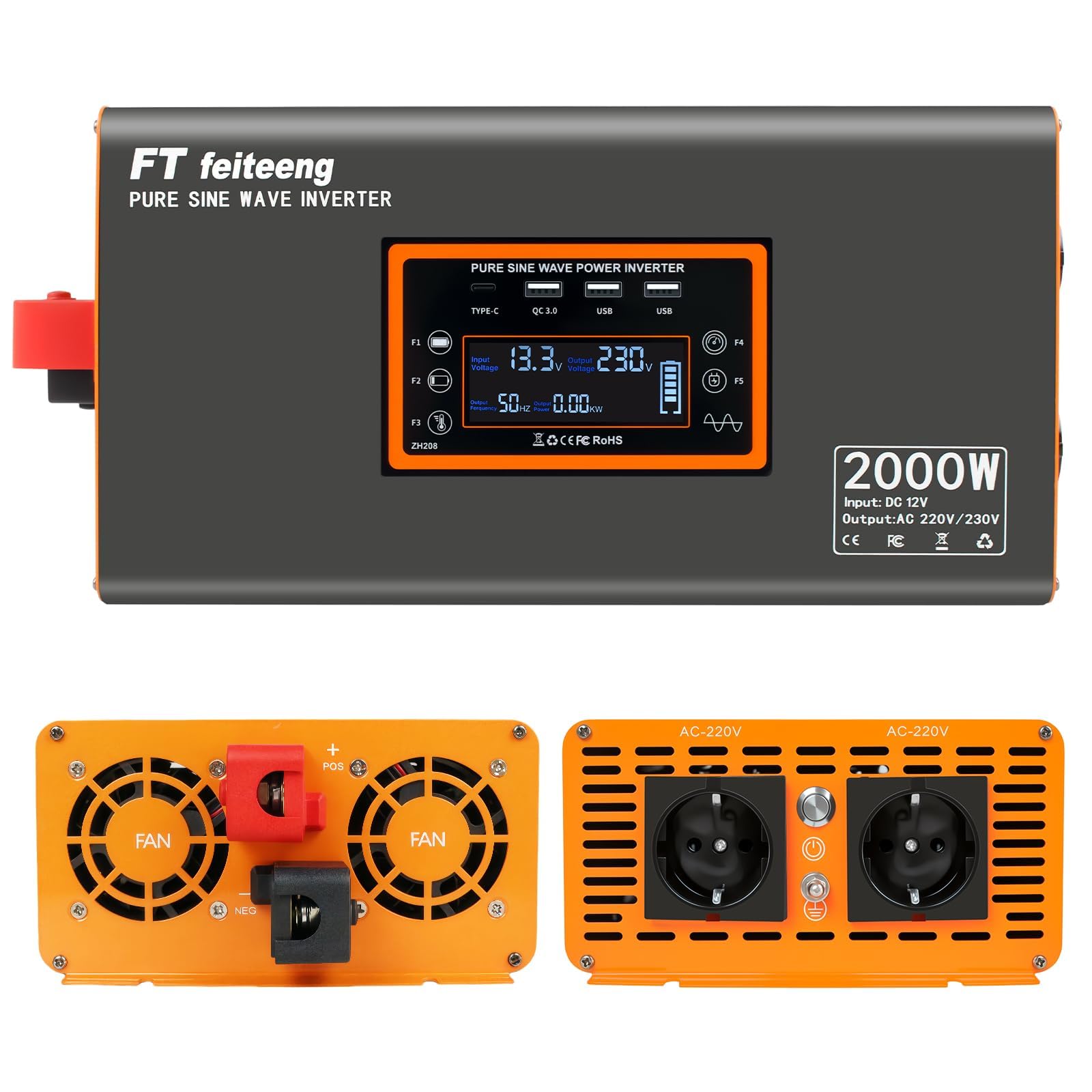 Convertisseur pur sinus 12V vers 220V PSW 2000W avec écran LCD télécommande ports USB et 2 prises CA
