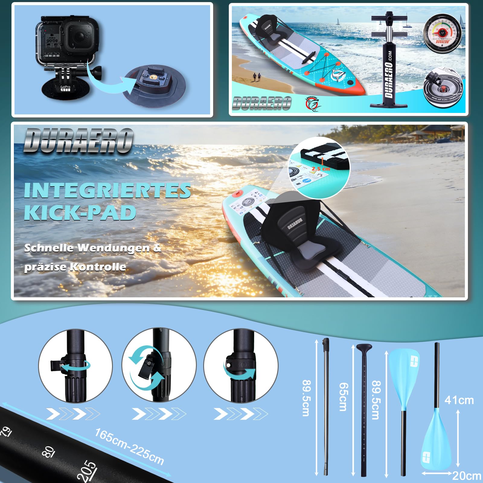 Planche de paddle gonflable 330 x 76 x 15 cm convertible kayak siège inclus capacité 150 kg support caméra 3 ailerons pagaie double réglable