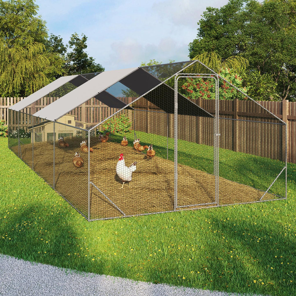 Enclos poulailler 24 m² parc grillagé 8x3x2 m en acier avec bâche de toit porte à loquet pour volailles et petits animaux
