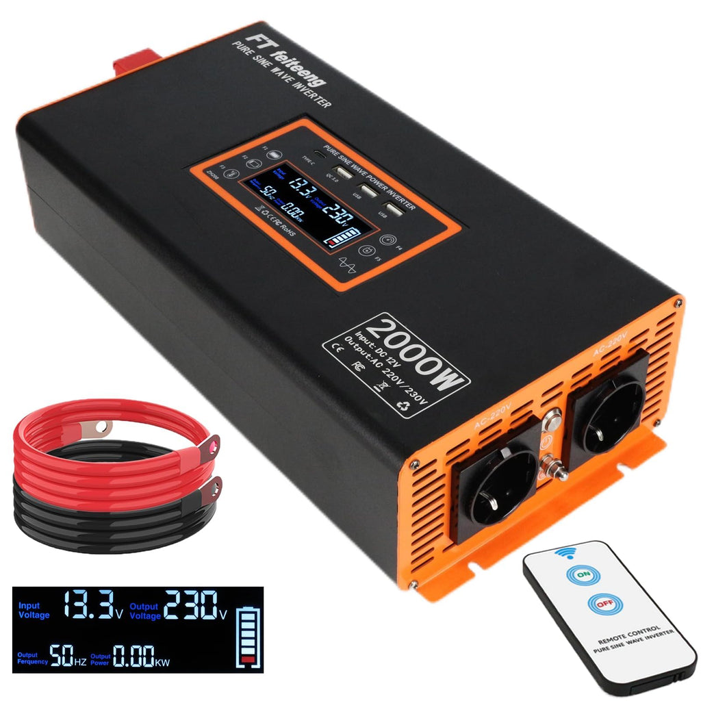 Convertisseur pur sinus 12V vers 220V PSW 2000W avec écran LCD télécommande ports USB et 2 prises CA
