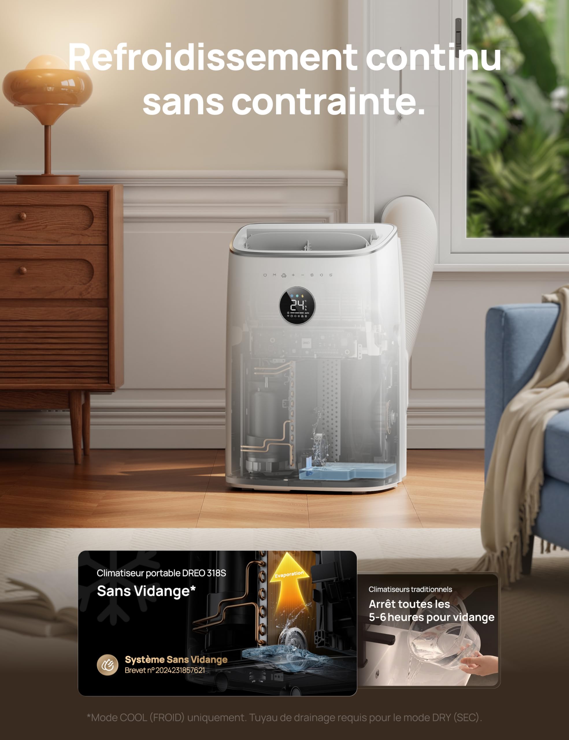 Climatiseur mobile AC318S 7500 BTU 3 en 1 refroidissement ventilation déshumidification avec contrôle Wi-Fi et kit fenêtre