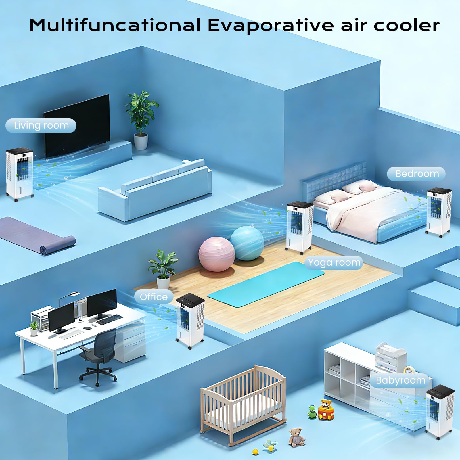 Climatiseur mobile portable BW-108Y 8 L avec refroidissement par évaporation ventilation humidification 3 vitesses et minuterie 12 h