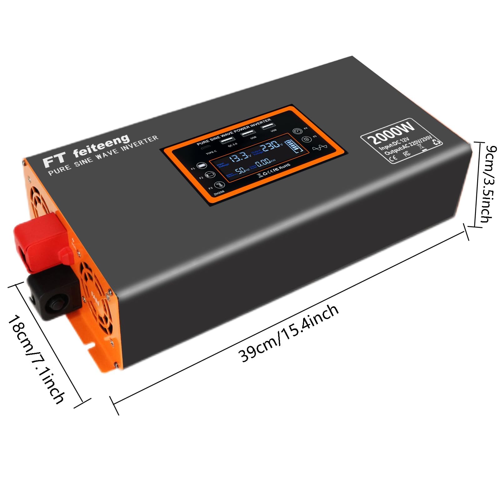 Convertisseur pur sinus 12V vers 220V PSW 2000W avec écran LCD télécommande ports USB et 2 prises CA
