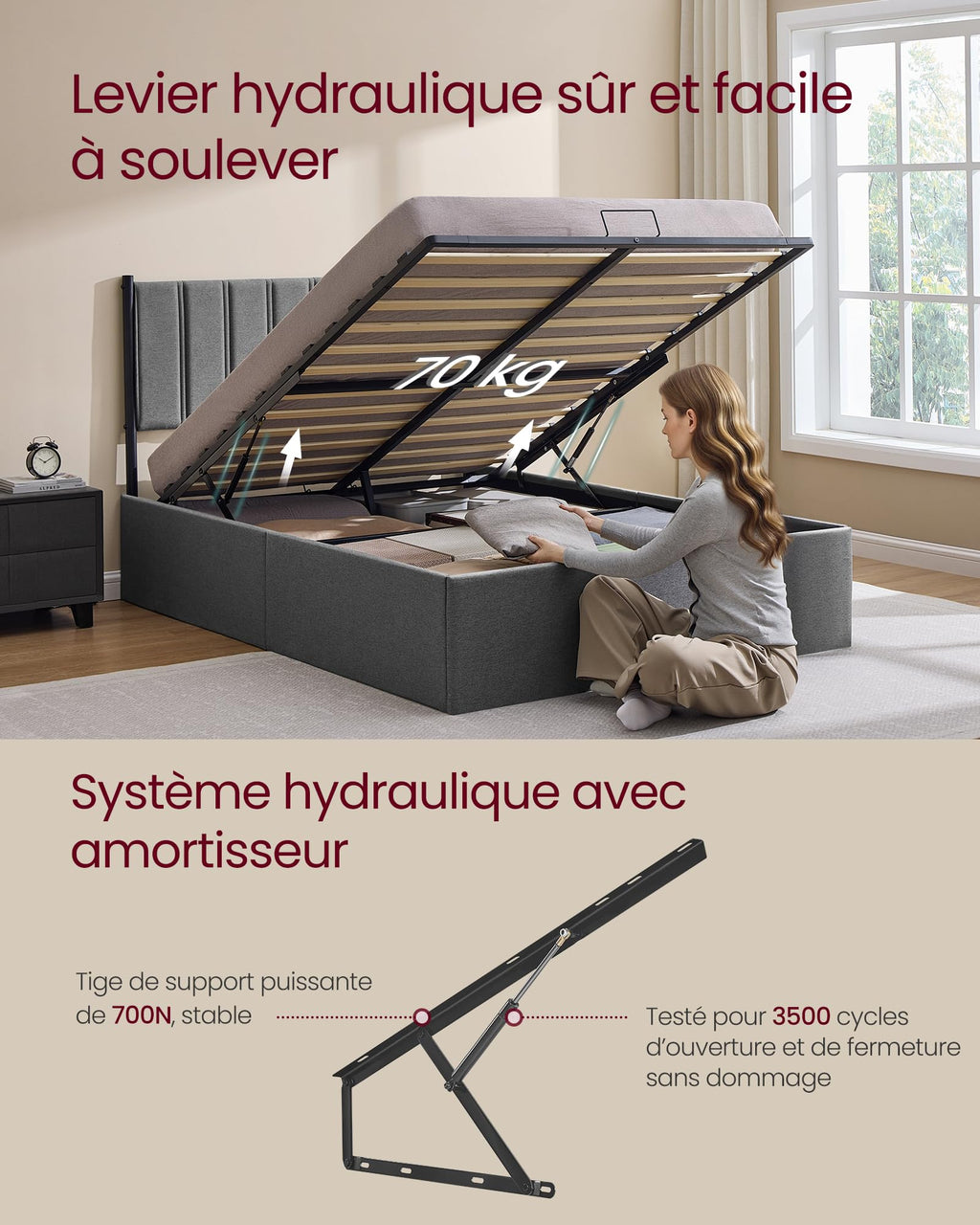Lit coffre double 140 x 190 cm cadre de lit avec sommier relevable hydraulique rangement intégré tête de lit