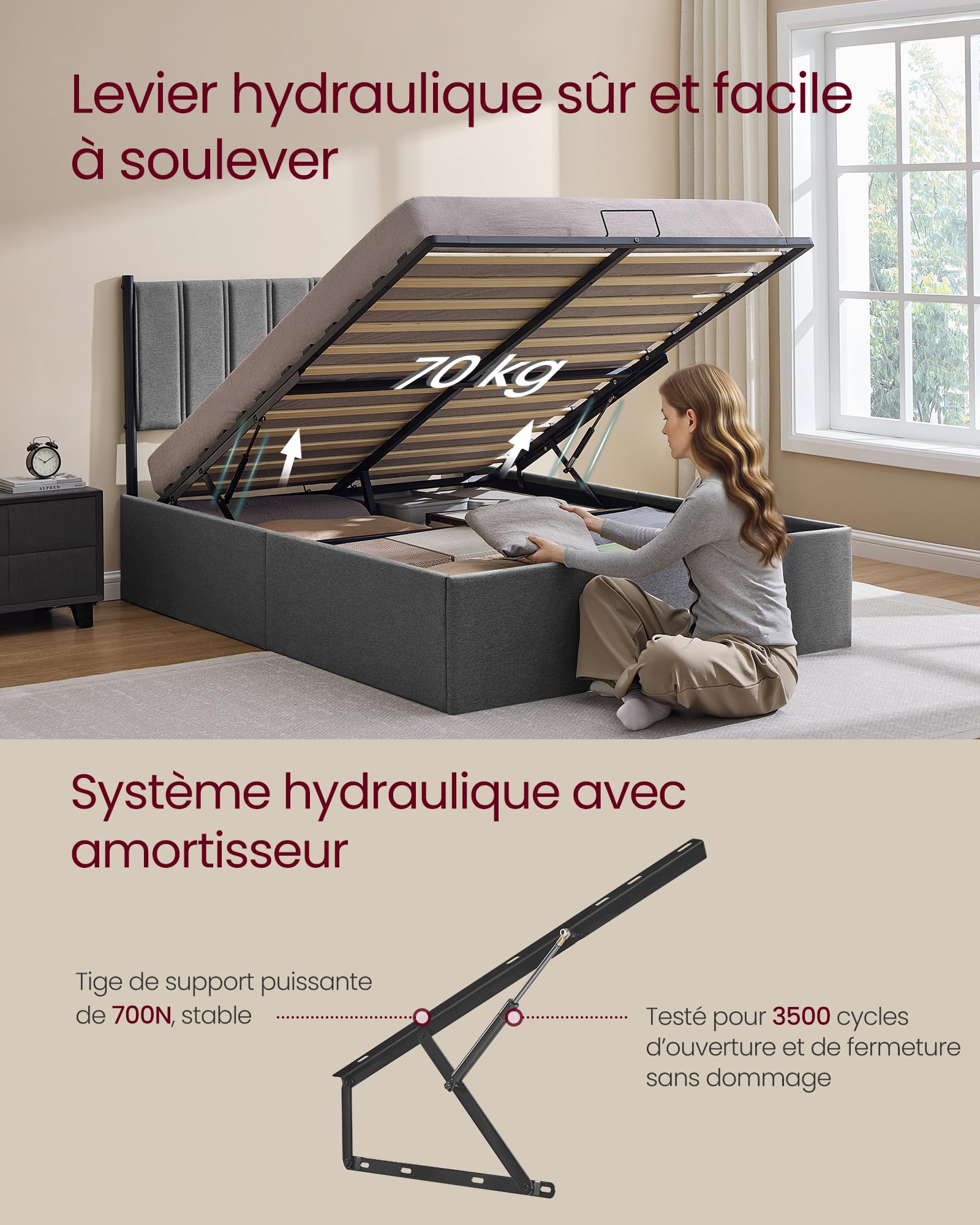 Lit coffre double 140 x 190 cm cadre de lit avec sommier relevable hydraulique rangement intégré tête de lit