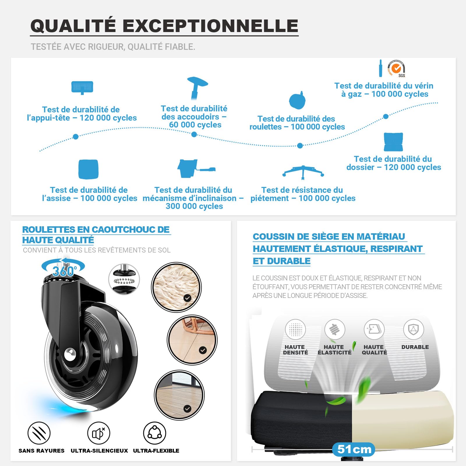 Fauteuil de bureau ergonomique N045 avec accoudoirs 4D appui-tête 3D profondeur d'assise réglable inclinaison 4 niveaux support 200 kg