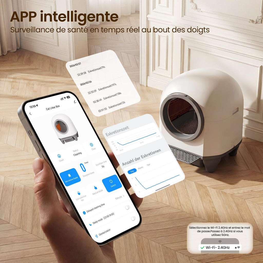 Litière autonettoyante pour chat XXL 90 L avec contrôle par application bac à déchets 8,5 L capteurs de sécurité pour chats jusqu'à 10 kg