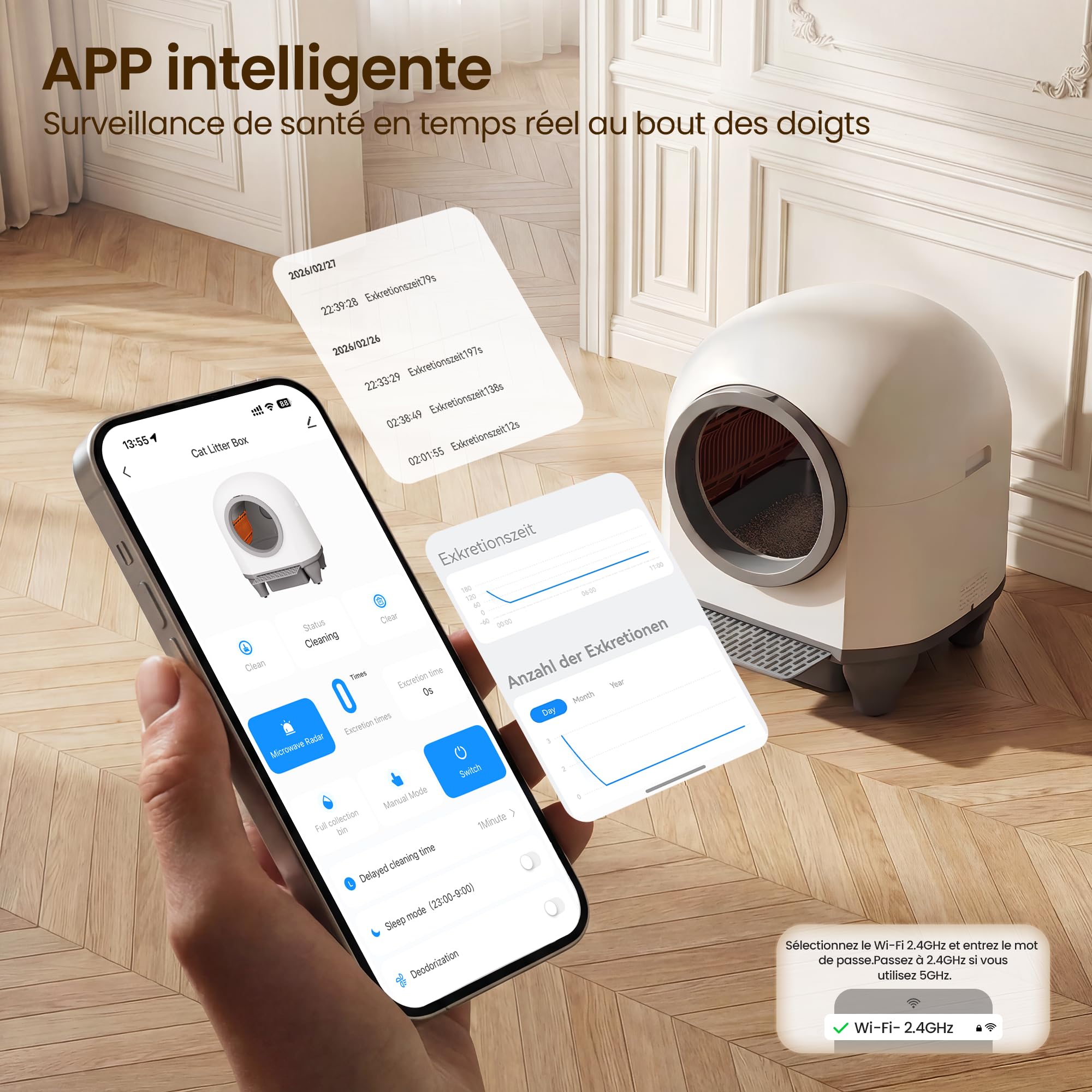 Litière autonettoyante pour chat XXL 90 L avec contrôle par application bac à déchets 8,5 L capteurs de sécurité pour chats jusqu'à 10 kg