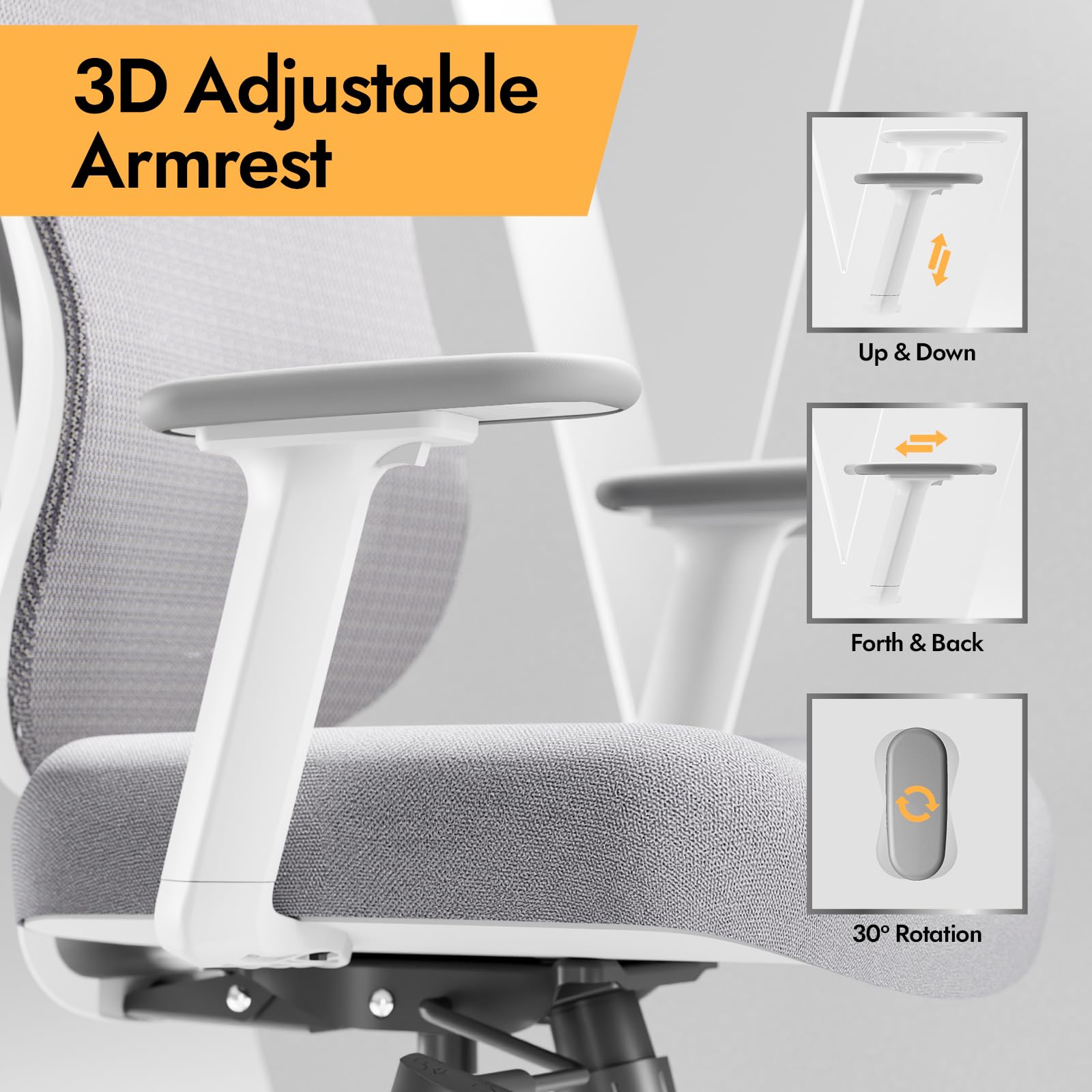 Chaise de bureau ergonomique Vchair-GR avec support lombaire réglable accoudoirs 3D appui-tête réglable dossier en maille pivotante blanc