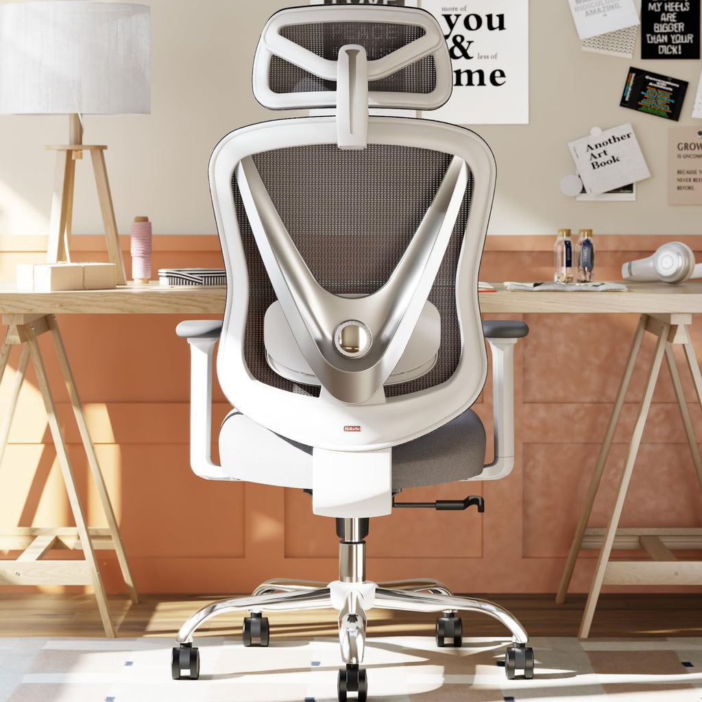 Chaise de bureau ergonomique Vchair-GR avec support lombaire réglable accoudoirs 3D appui-tête réglable dossier en maille pivotante blanc