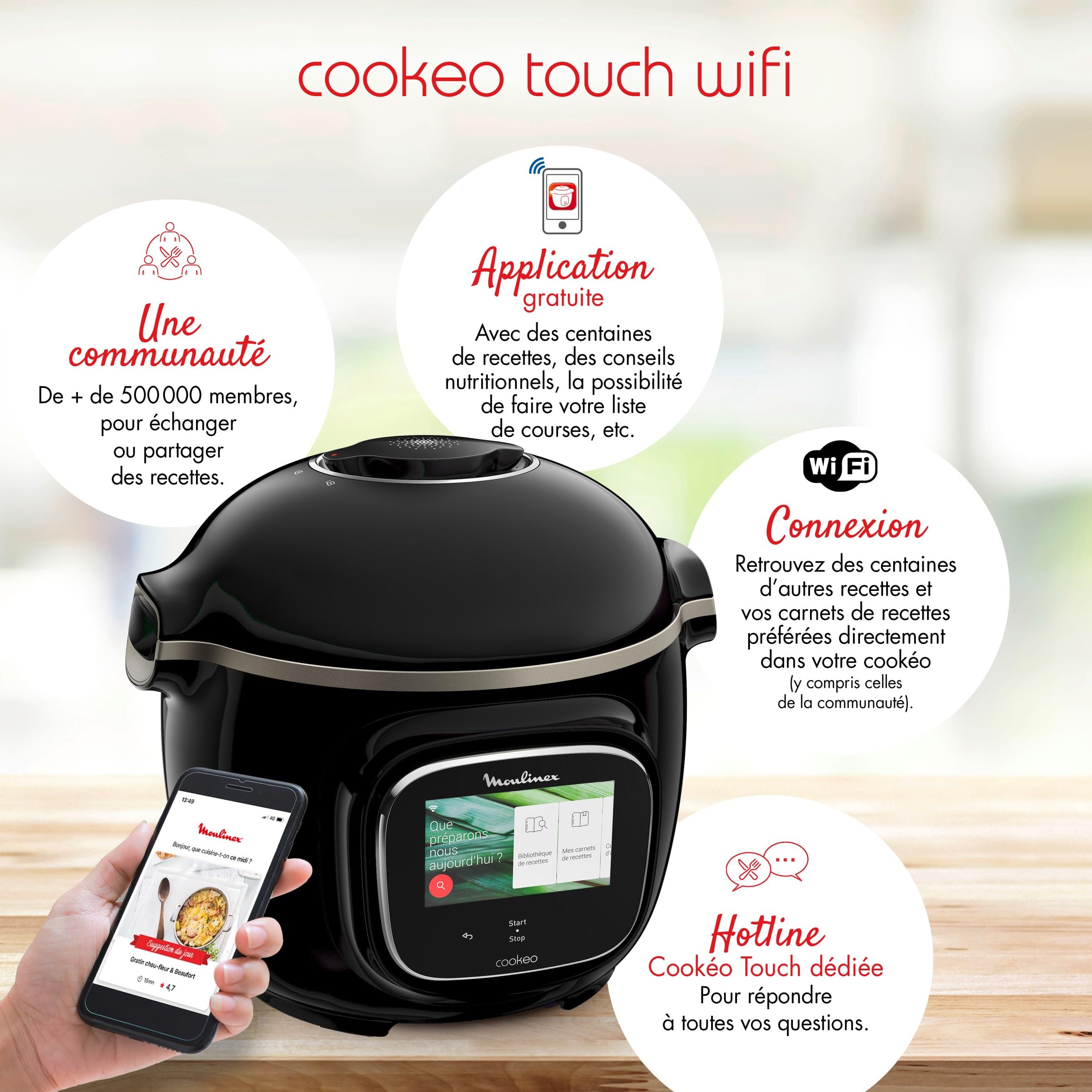 Multicuiseur intelligent Cookeo Touch Wifi CE902800 1600 W avec cuve 6 L écran tactile et 250 recettes intégrées