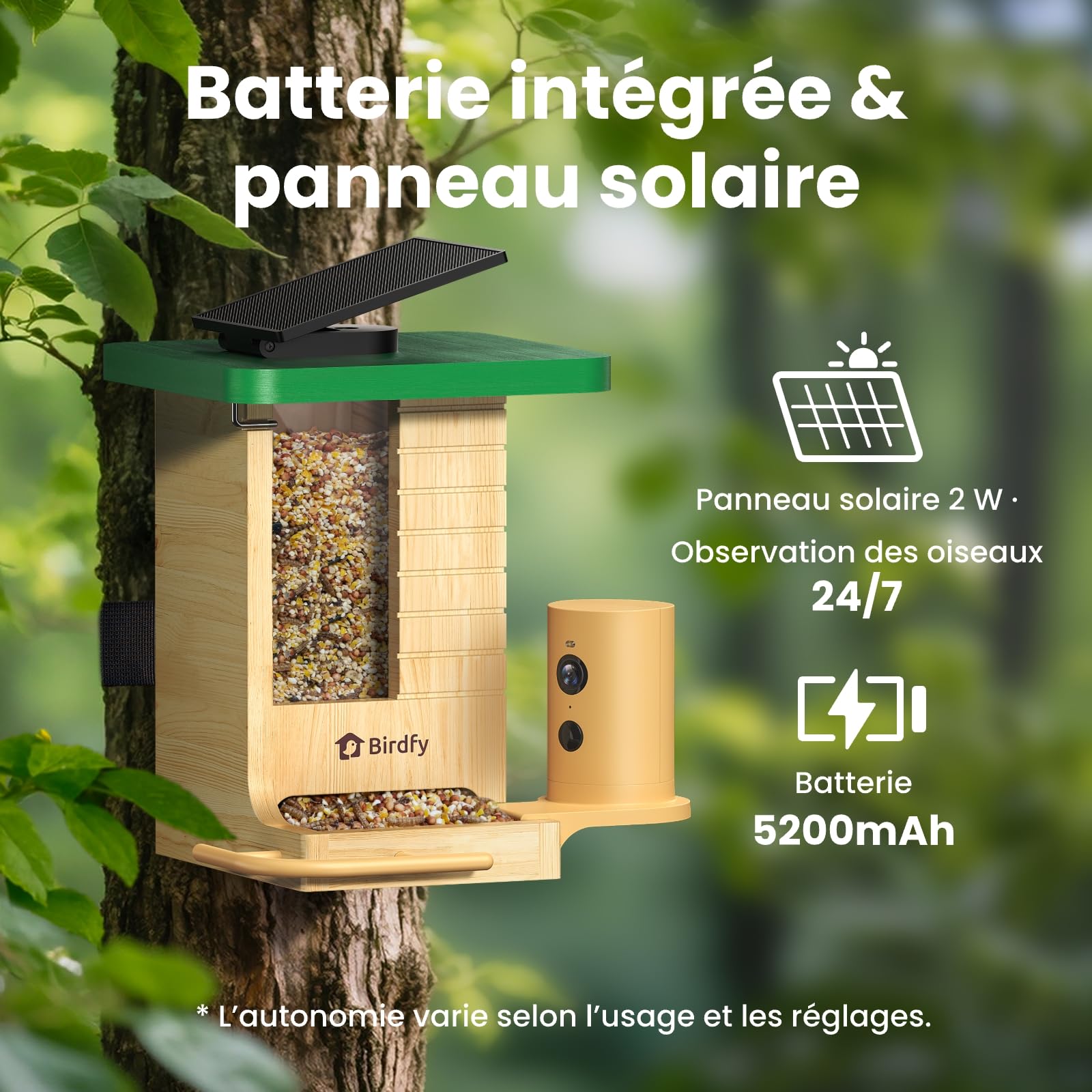 Mangeoire oiseaux avec caméra solaire Birdfy bois 1080p IA identification 6000 espèces batterie 5200mAh