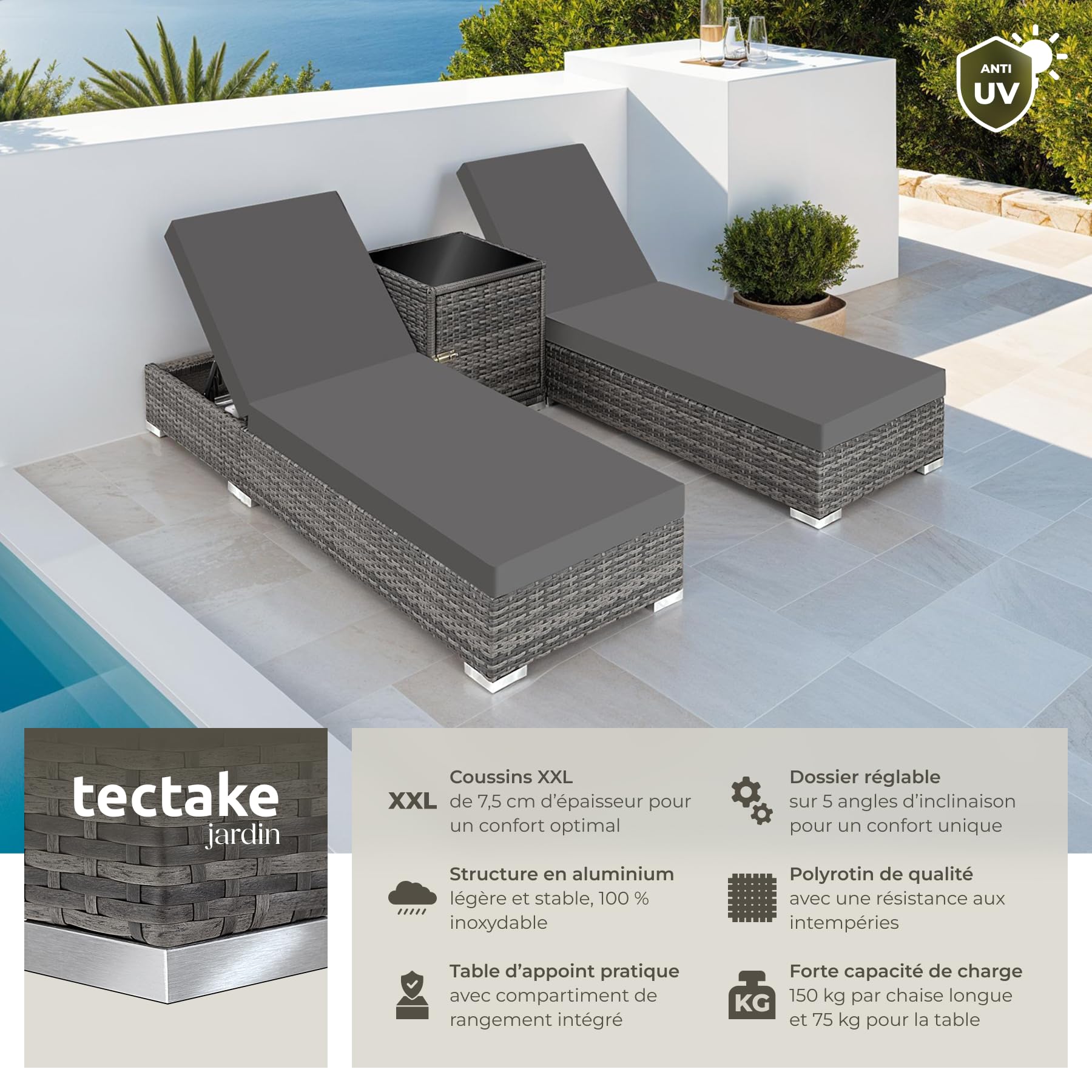 Set de 2 chaises longues bain de soleil avec table de jardin en résine tressée dossier réglable 5 positions housses incluses gris