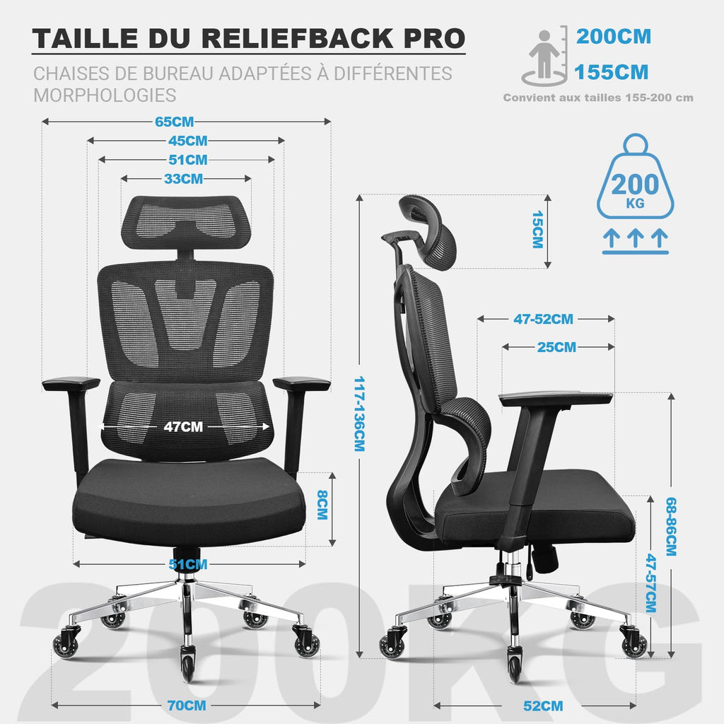 Fauteuil de bureau ergonomique N045 avec accoudoirs 4D appui-tête 3D profondeur d'assise réglable inclinaison 4 niveaux support 200 kg