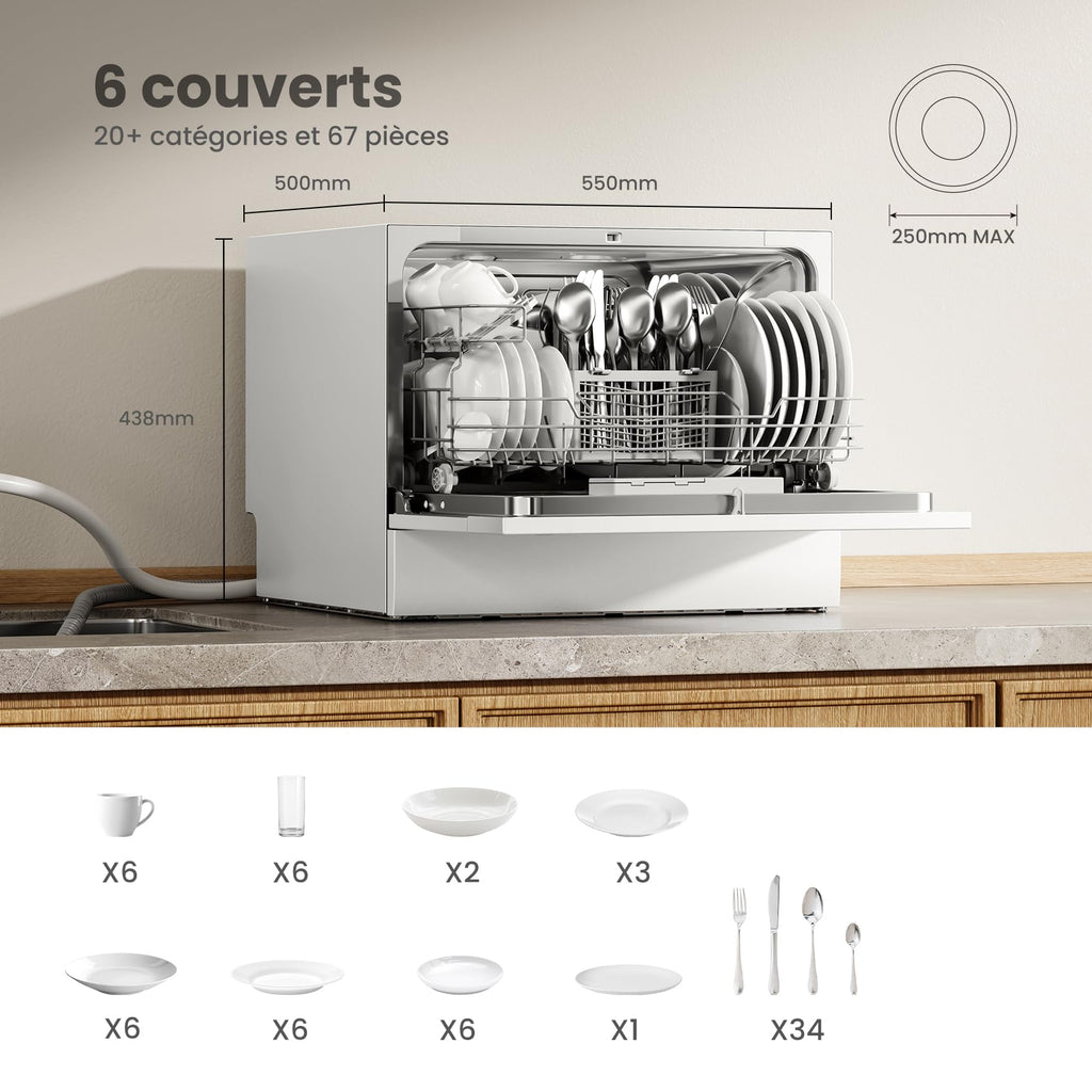 Lave-vaisselle compact pose libre 6 couverts 6 programmes avec écran LED 6,5 L démarrage différé 47 dB blanc