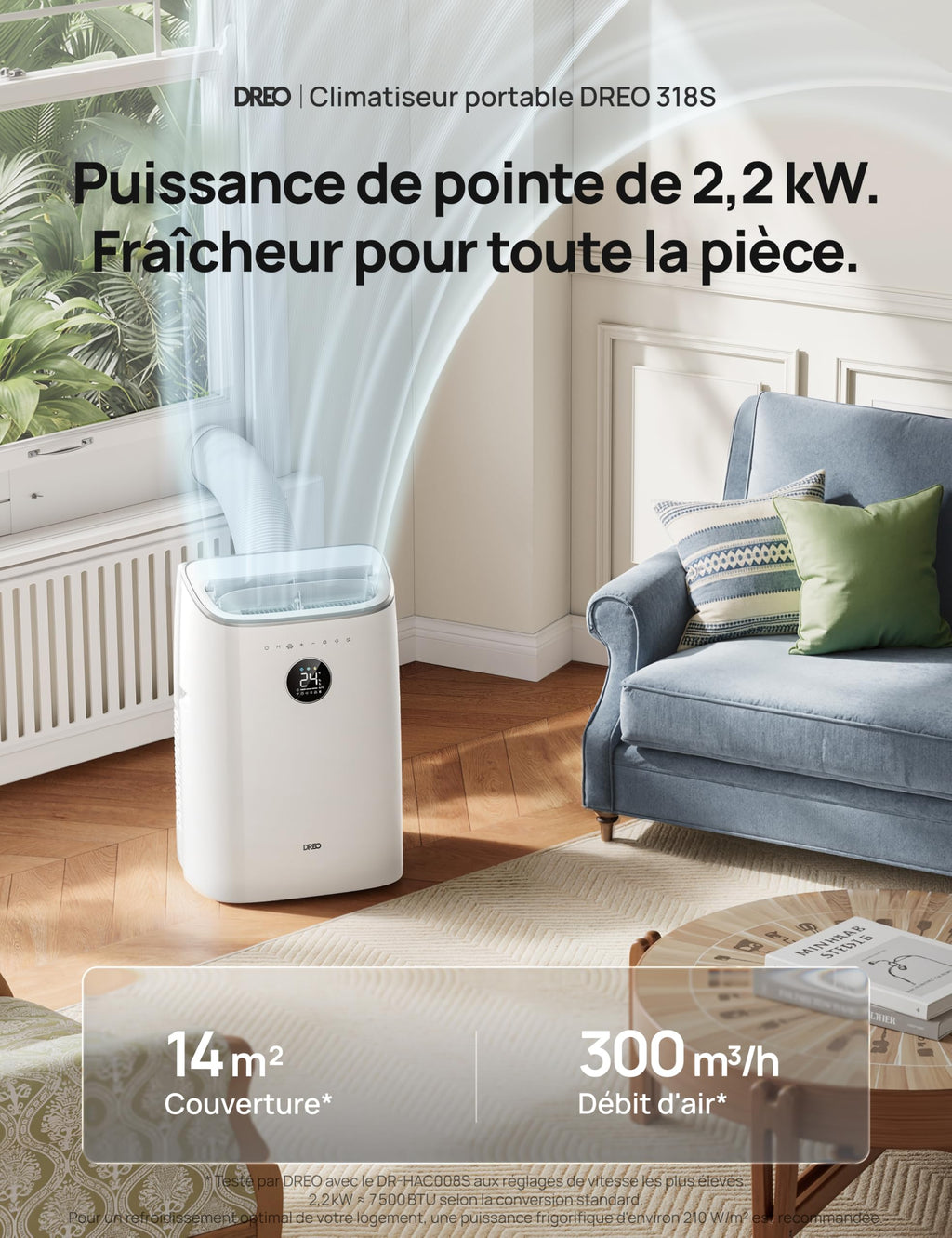 Climatiseur mobile AC318S 7500 BTU 3 en 1 refroidissement ventilation déshumidification avec contrôle Wi-Fi et kit fenêtre