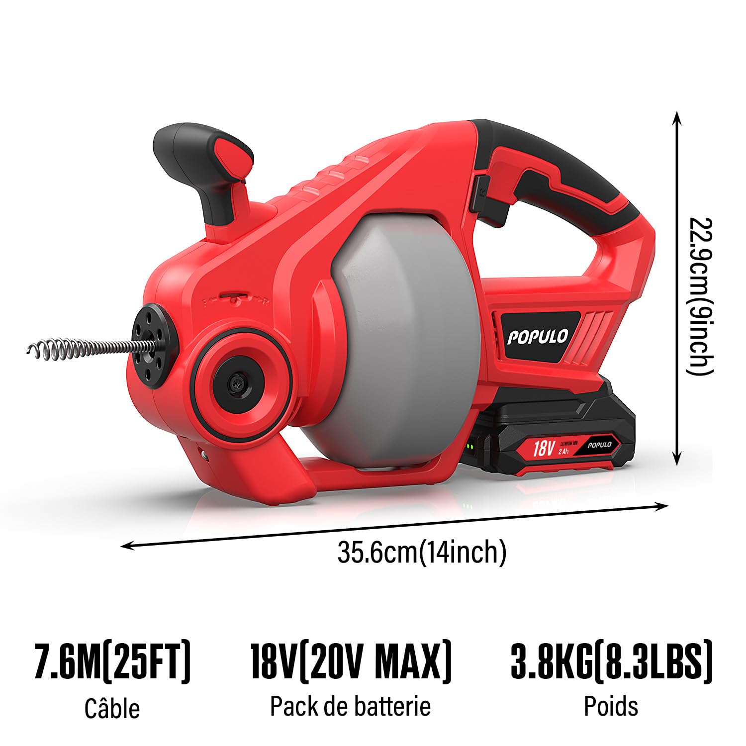 Furet déboucheur de canalisation sans fil 20V rouge arbre flexible 7,6 m pour tuyaux 19-76 mm avec batterie lithium-ion