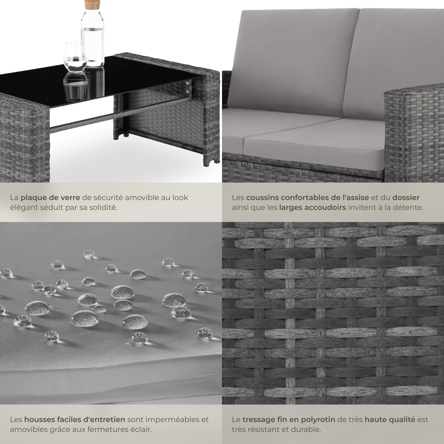 Salon de jardin en résine tressée 4 personnes canapé fauteuils table plateau verre avec coussins gris entretien facile 122 x 70 x 76 cm