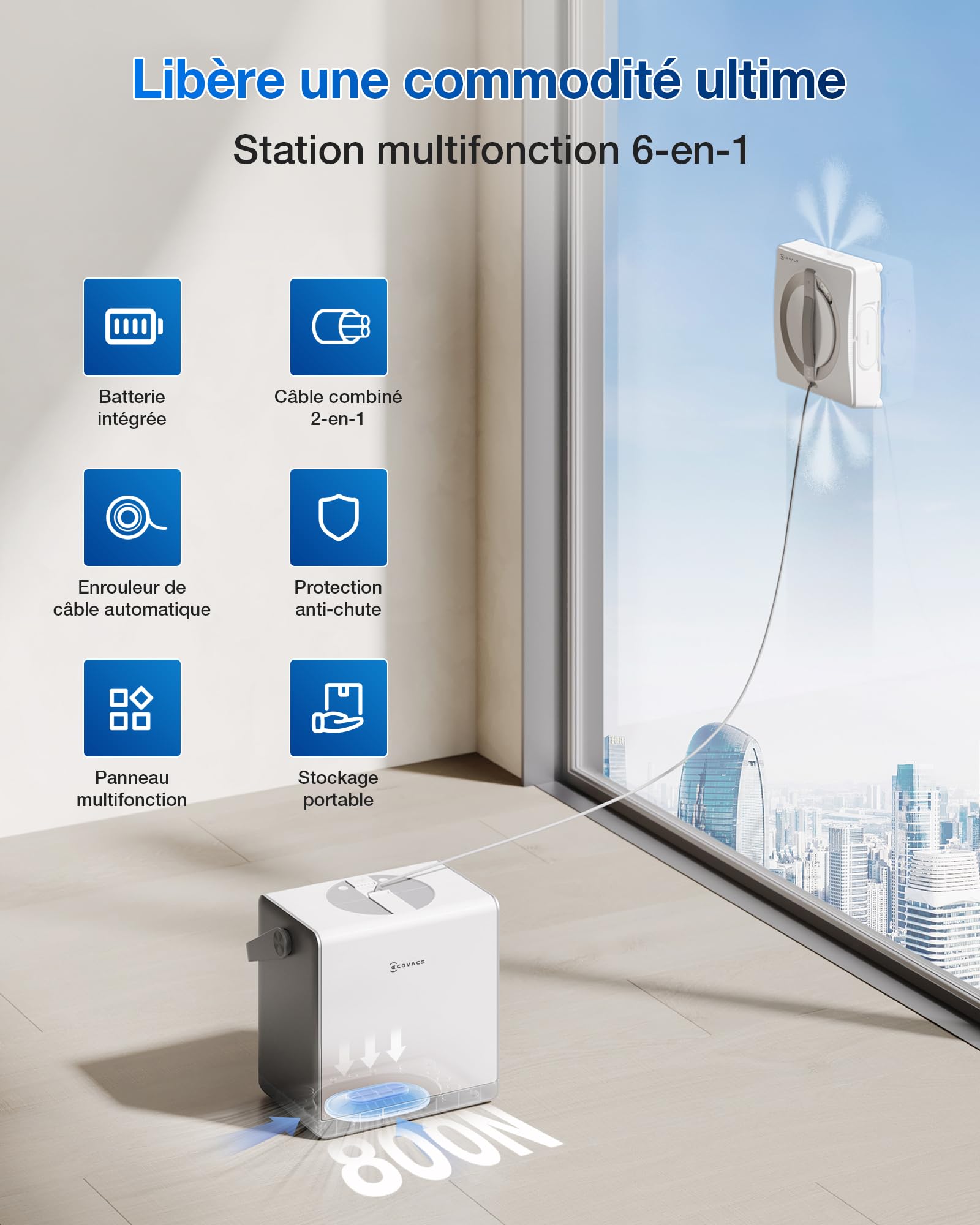Robot nettoyeur de vitres WINBOT W2 Pro Omni avec station multifonction buse triple pulvérisation système de protection 12 niveaux