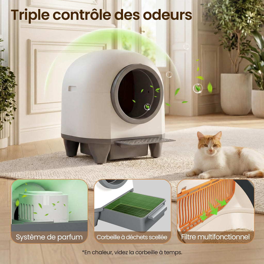 Litière autonettoyante pour chat XXL 90 L avec contrôle par application bac à déchets 8,5 L capteurs de sécurité pour chats jusqu'à 10 kg