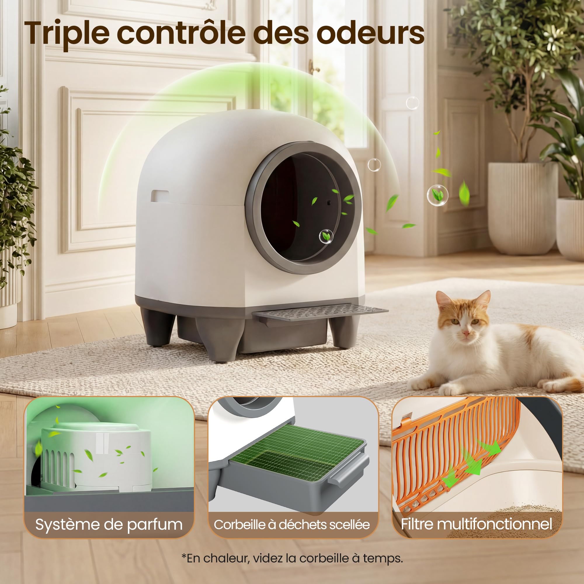 Litière autonettoyante pour chat XXL 90 L avec contrôle par application bac à déchets 8,5 L capteurs de sécurité pour chats jusqu'à 10 kg