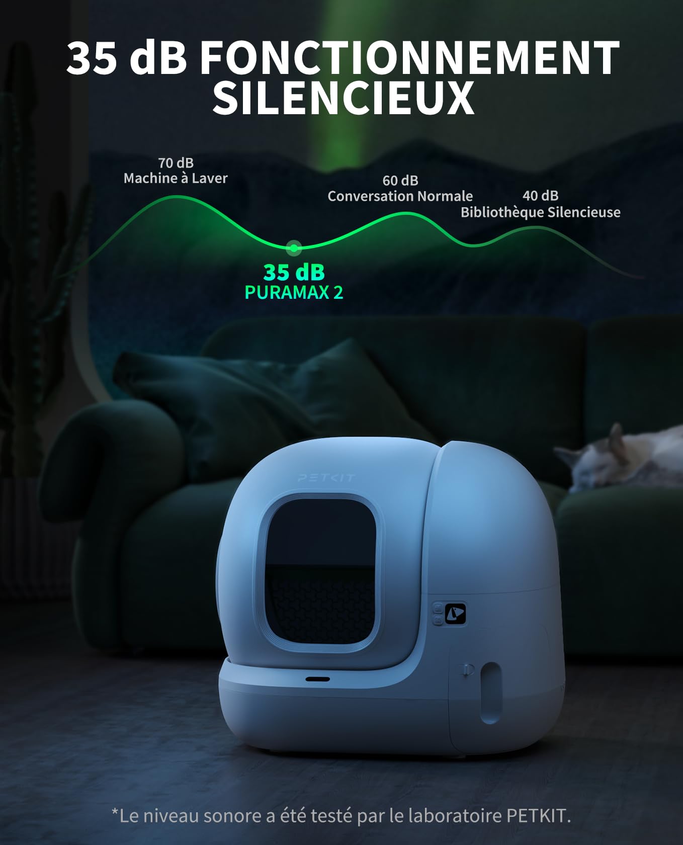 Litière autonettoyante pour chat Pura Max 2 76 L avec contrôle par application bac à déchets 7 L système de sécurité capteurs