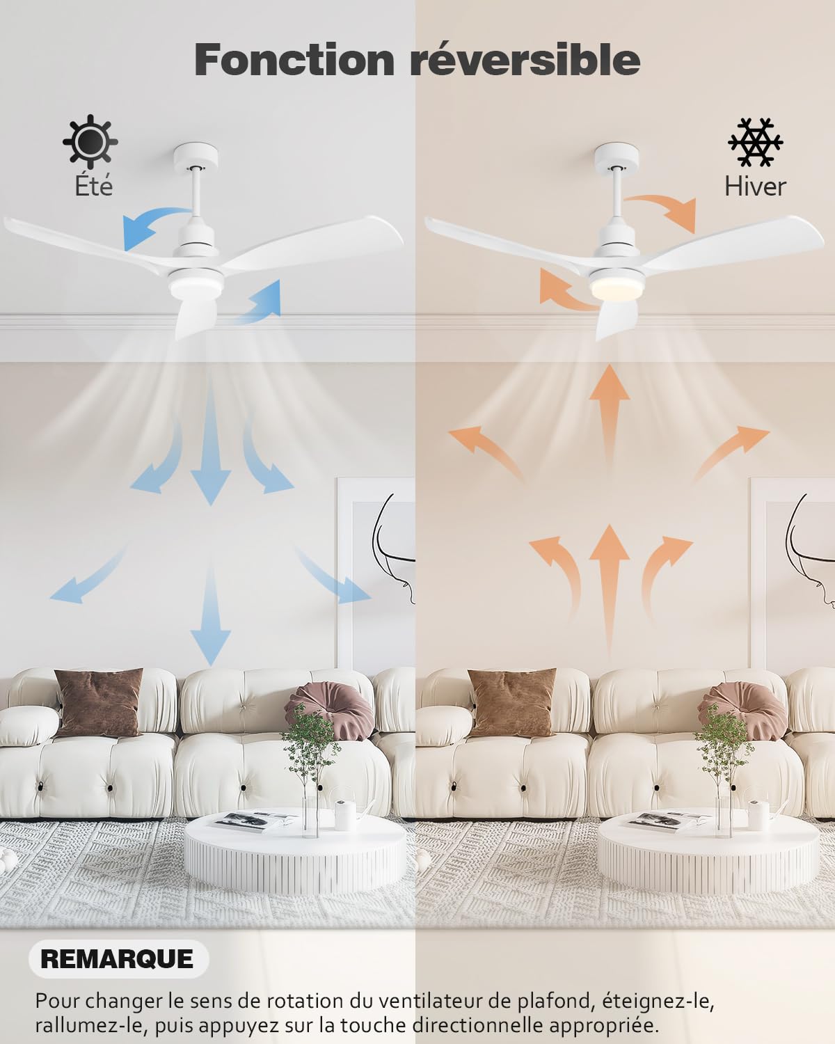 Ventilateur de plafond avec lumière LED QX-05-DE 132 cm moteur DC réversible 6 vitesses télécommande 3 pales éclairage réglable