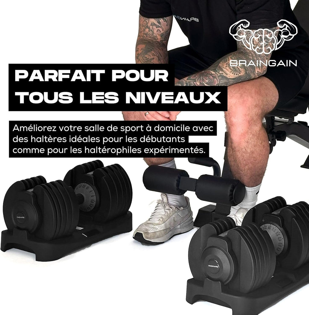 Haltères réglables 24 kg paire 15 en 1 avec système Smart-Click verrouillage sécurisé poignée antidérapante