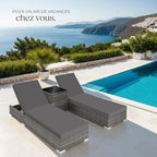 Set de 2 chaises longues bain de soleil avec table de jardin en résine tressée dossier réglable 5 positions housses incluses gris