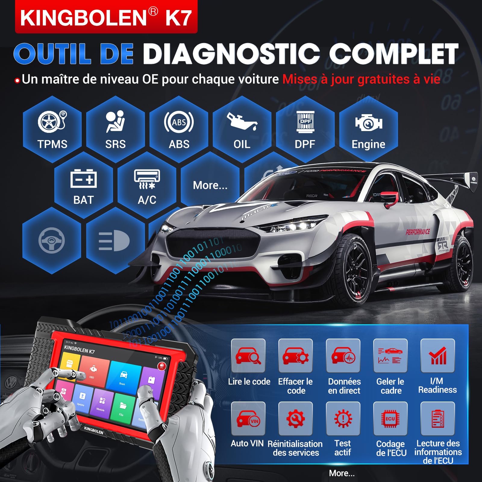 Valise diagnostic auto OBD2 K7 écran 7 pouces Android 10 codage ECU contrôle bidirectionnel 31 services réinitialisation