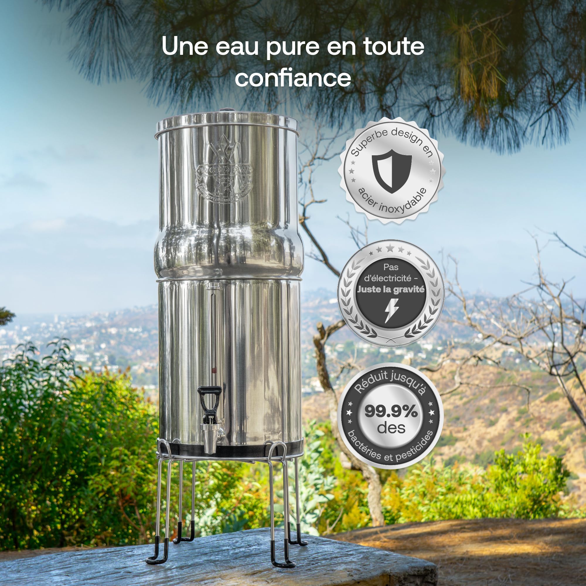 Système de filtration d’eau par gravité Earth WEEP850 en acier inoxydable AISI 304 8,5 L avec 2 éléments filtrants O’Pure 2
