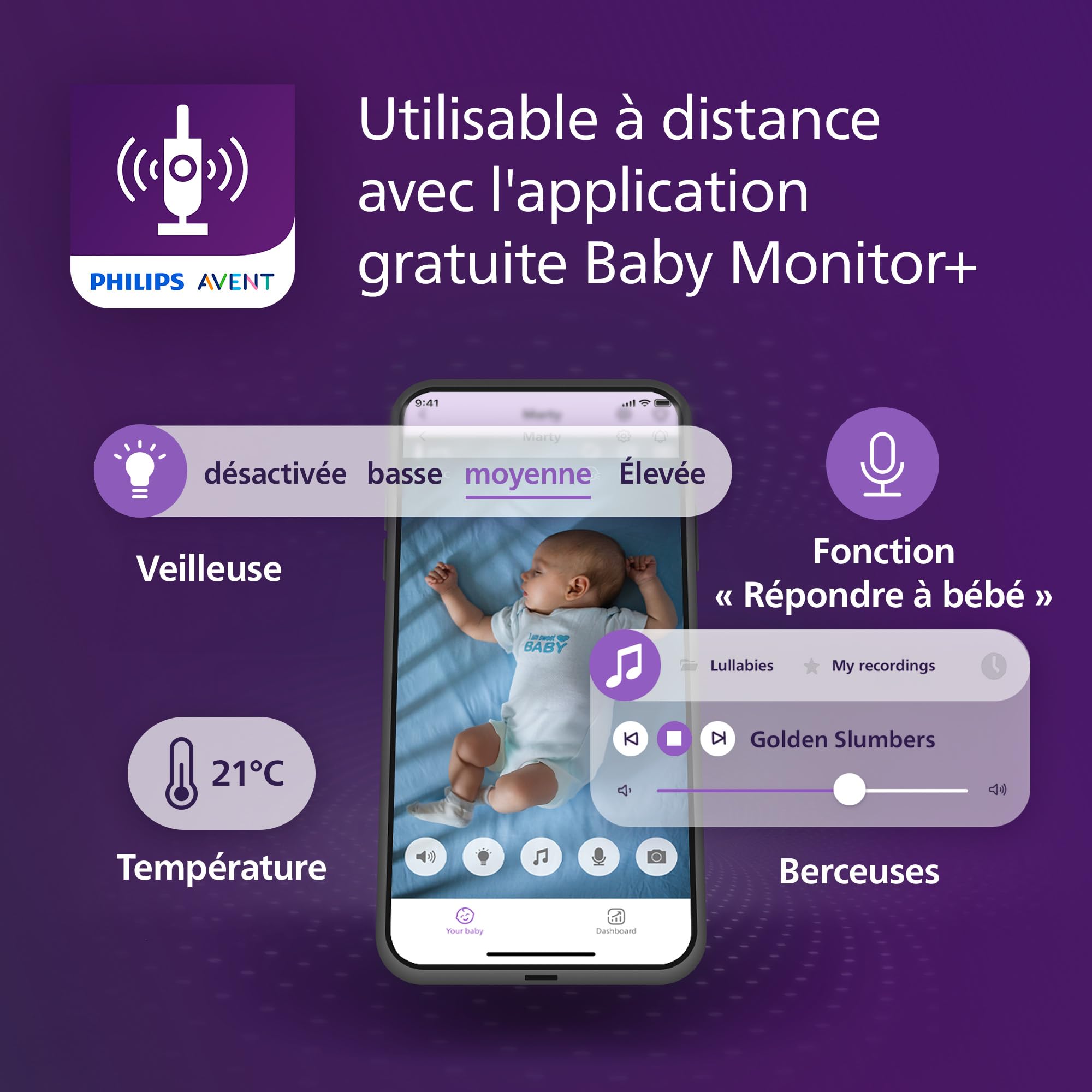 Babyphone vidéo connecté SCD951/26 avec caméra HD 1080p Wi-Fi vision nocturne infrarouge audio bidirectionnel et détection des pleurs