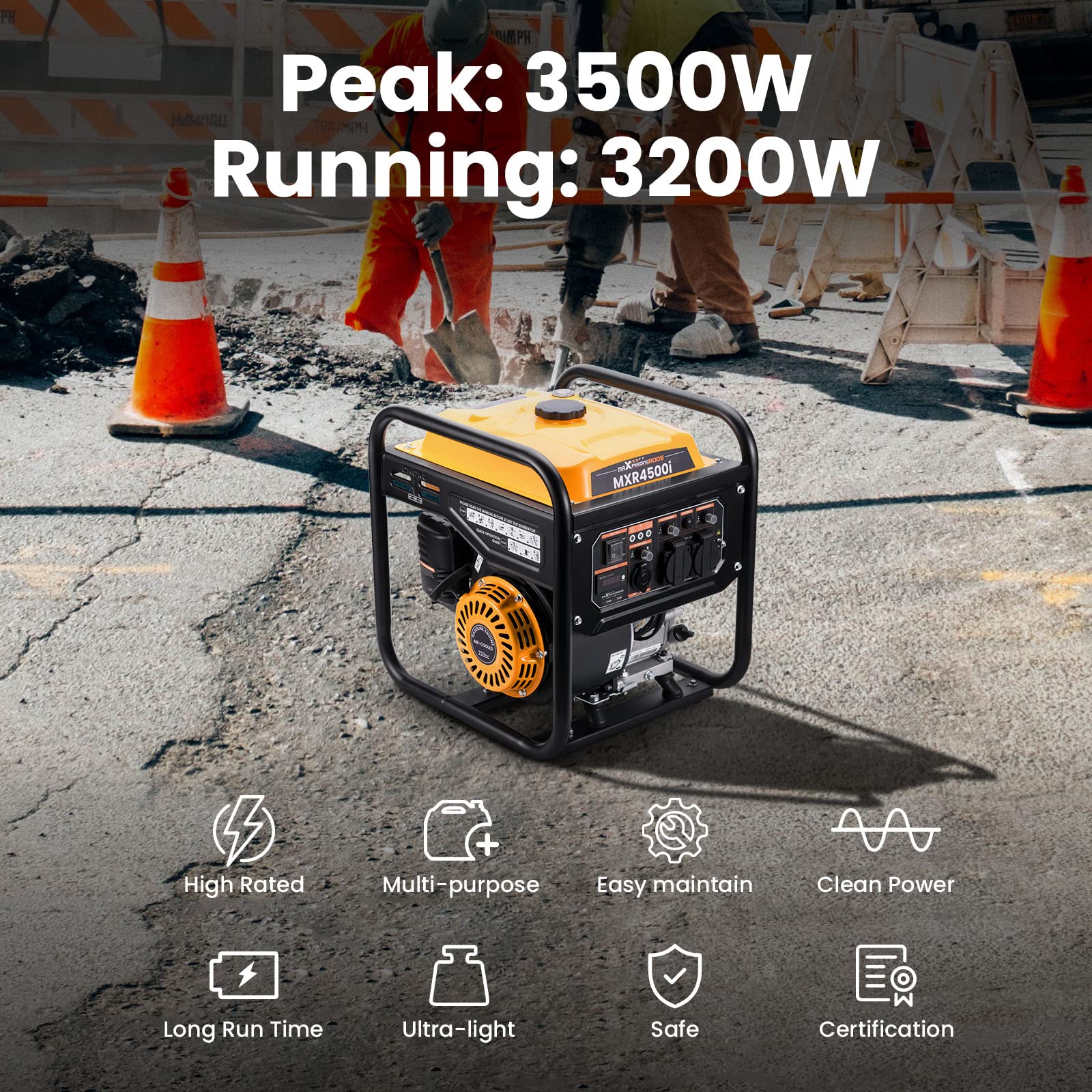 Générateur d'onduleur portable MXR4500i Pro 3500W moteur 4 temps essence onde sinusoïdale pure 230V réservoir 7,5L écran multifonction