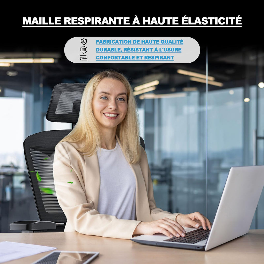 Fauteuil de bureau ergonomique N045 avec accoudoirs 4D appui-tête 3D profondeur d'assise réglable inclinaison 4 niveaux support 200 kg