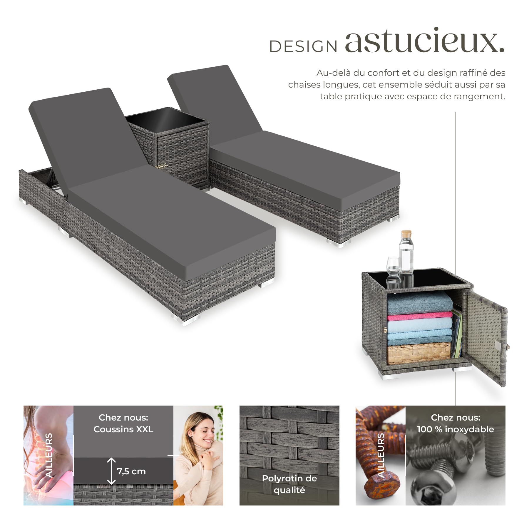 Set de 2 chaises longues bain de soleil avec table de jardin en résine tressée dossier réglable 5 positions housses incluses gris