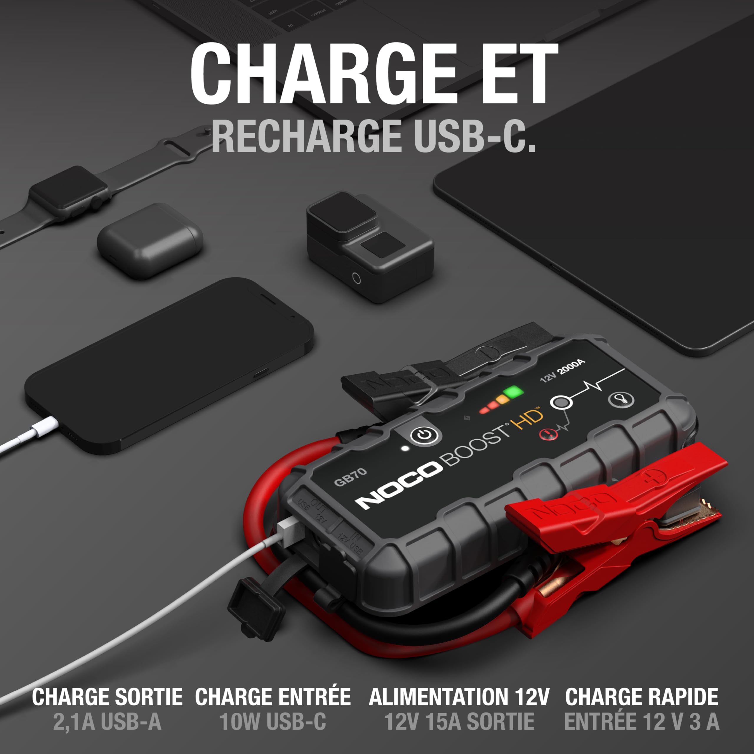 Booster de batterie lithium GB70 12V 2000A avec powerbank USB pour moteurs essence 8L et diesel 6L