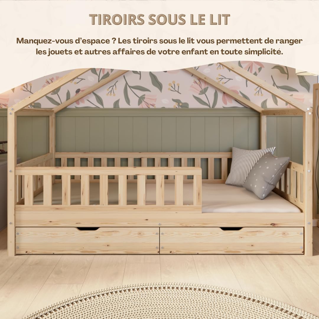 Lit cabane enfant Crazy House 190x90 cm en bois de pin avec tiroirs de rangement barrière de sécurité sommier inclus
