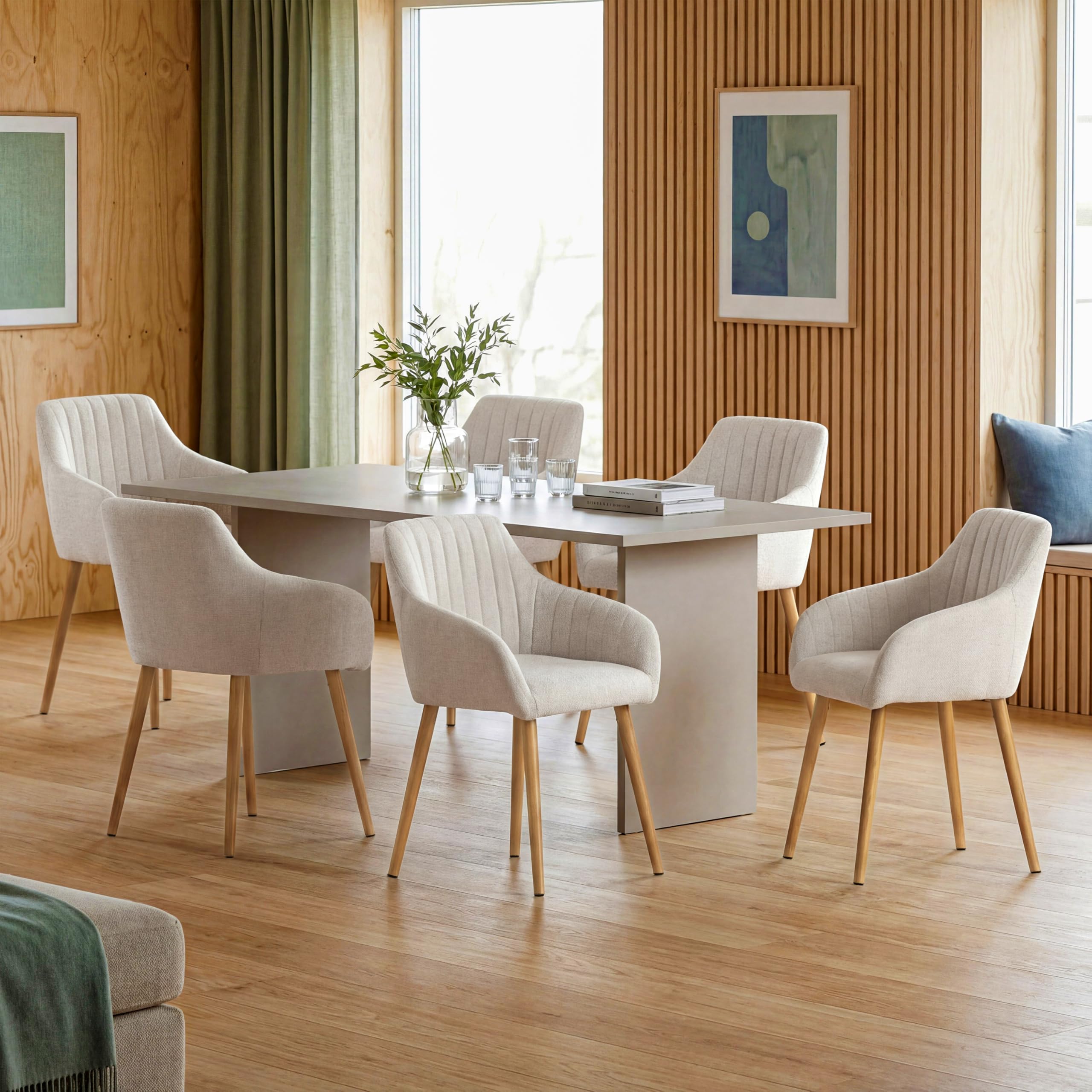 Chaises de salle à manger avec accoudoirs dossier réglable en velours rembourré lot de 6 pieds en bois beige
